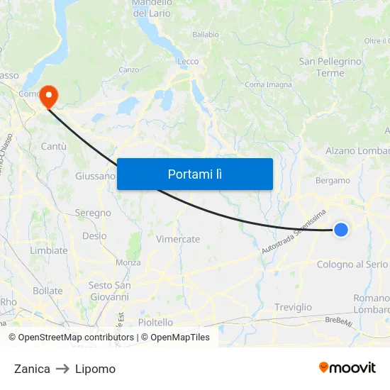 Zanica to Lipomo map
