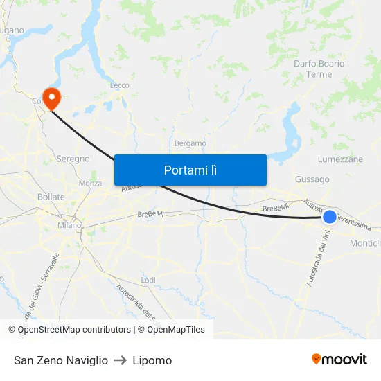 San Zeno Naviglio to Lipomo map
