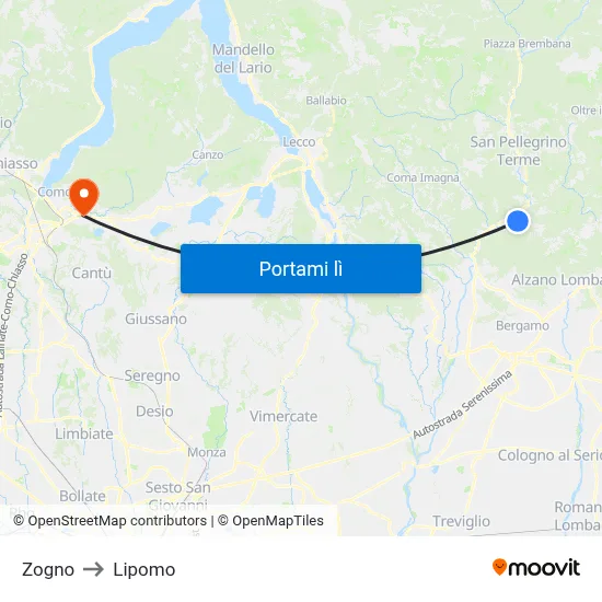 Zogno to Lipomo map