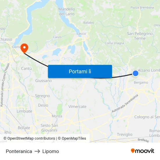 Ponteranica to Lipomo map