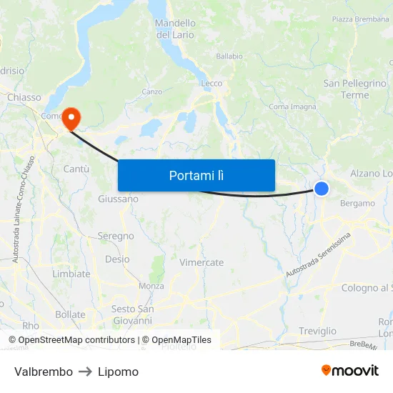 Valbrembo to Lipomo map