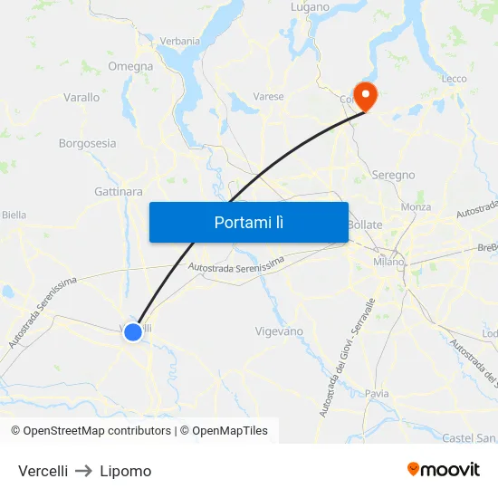 Vercelli to Lipomo map