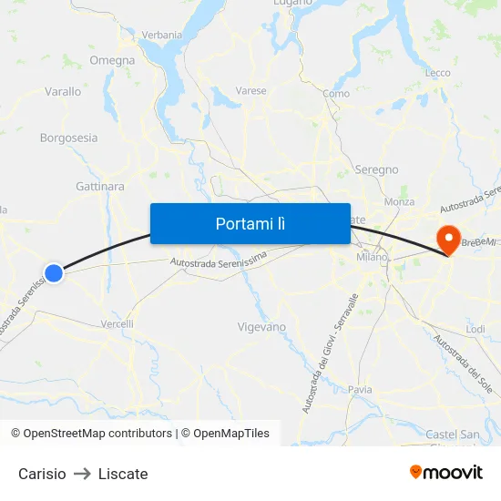 Carisio to Liscate map