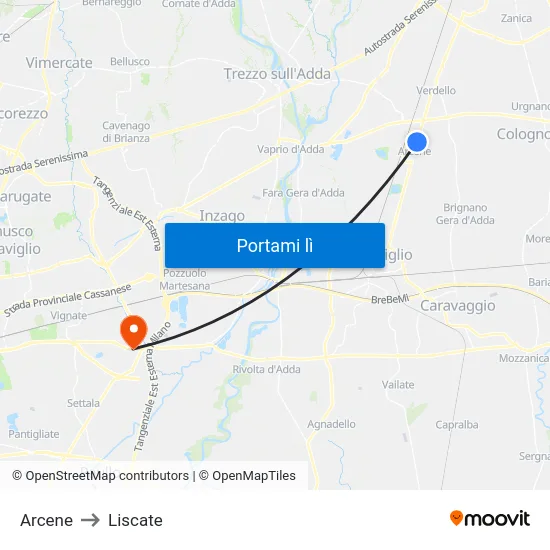 Arcene to Liscate map