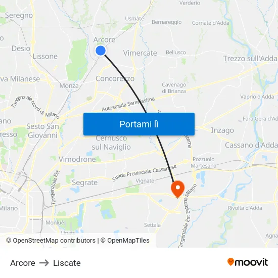 Arcore to Liscate map