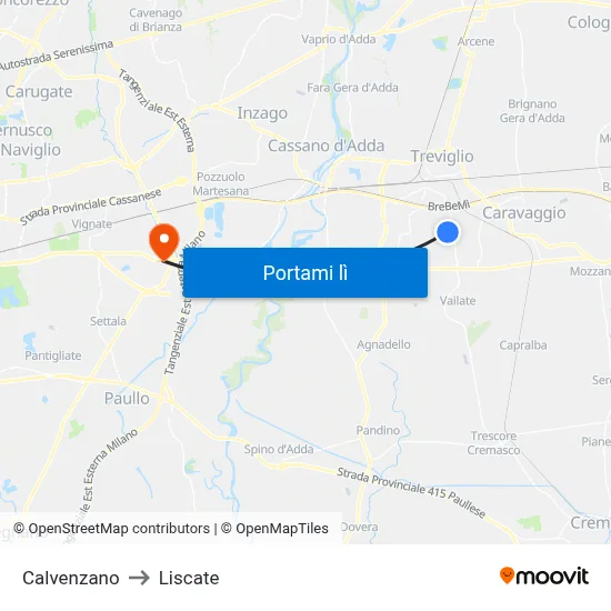 Calvenzano to Liscate map