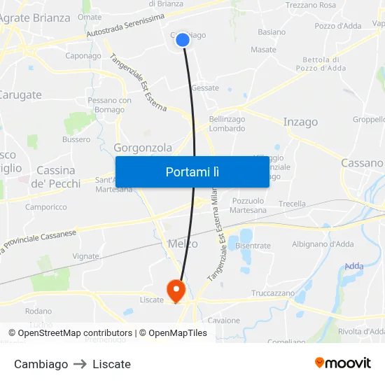 Cambiago to Liscate map