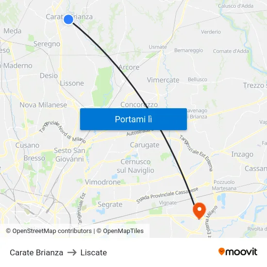 Carate Brianza to Liscate map