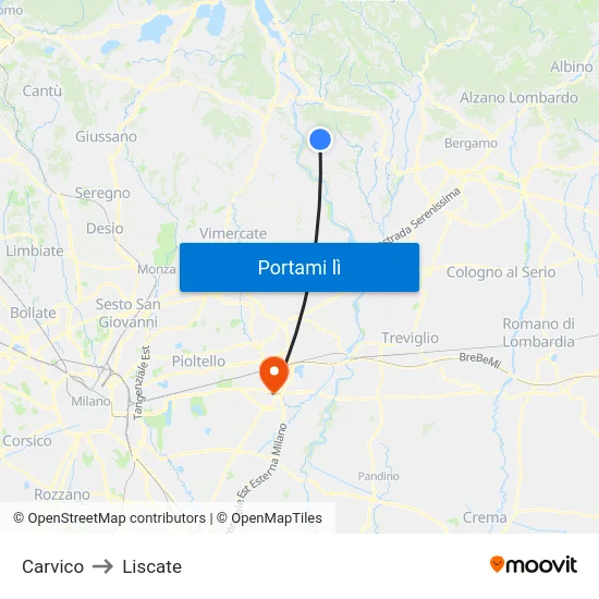 Carvico to Liscate map