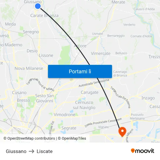 Giussano to Liscate map