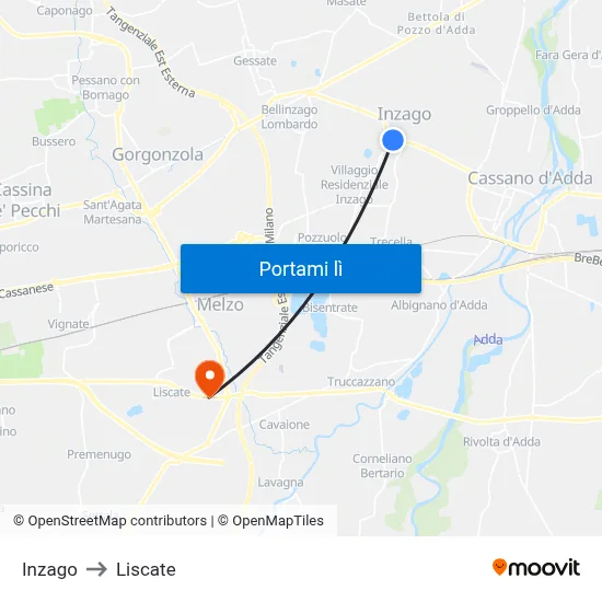 Inzago to Liscate map