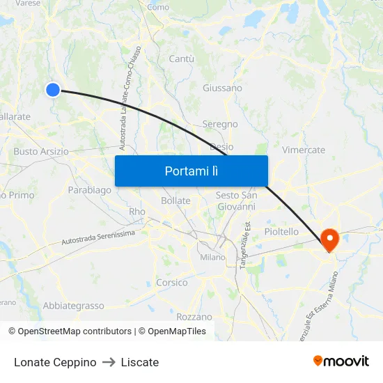 Lonate Ceppino to Liscate map