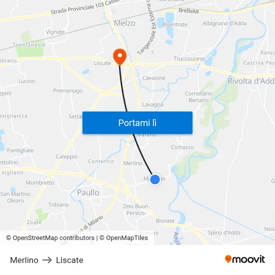Merlino to Liscate map