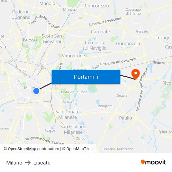 Milano to Liscate map