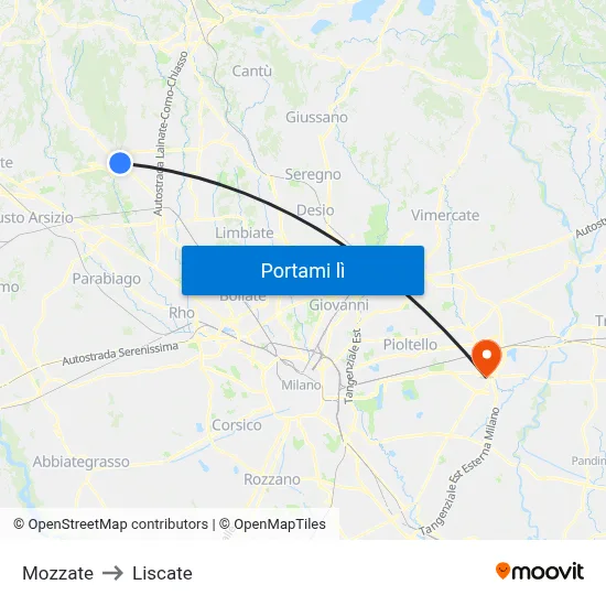 Mozzate to Liscate map