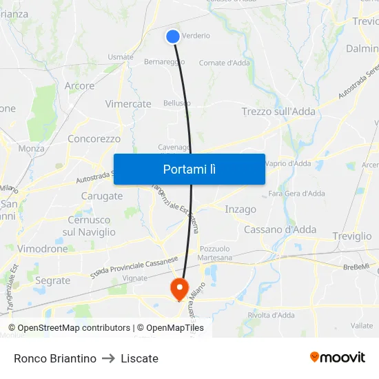 Ronco Briantino to Liscate map