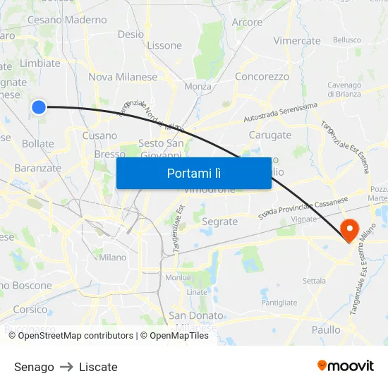 Senago to Liscate map