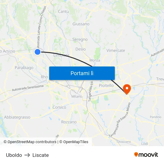 Uboldo to Liscate map