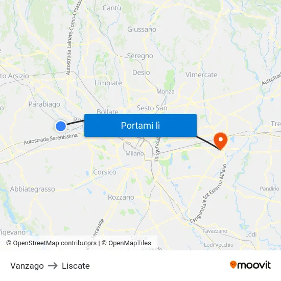 Vanzago to Liscate map