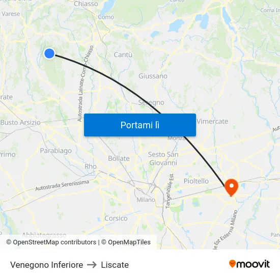 Venegono Inferiore to Liscate map