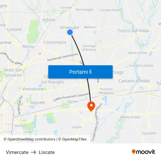Vimercate to Liscate map