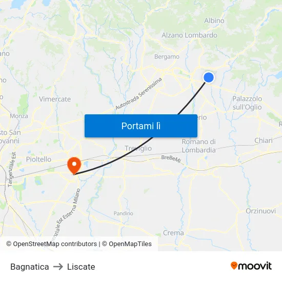 Bagnatica to Liscate map