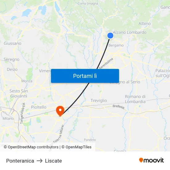 Ponteranica to Liscate map