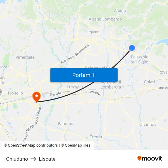 Chiuduno to Liscate map