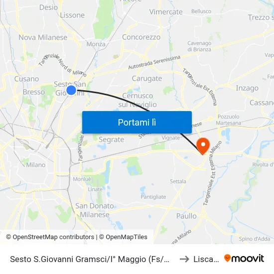 Sesto S.Giovanni Gramsci/I° Maggio (Fs/M1) to Liscate map