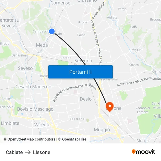 Cabiate to Lissone map