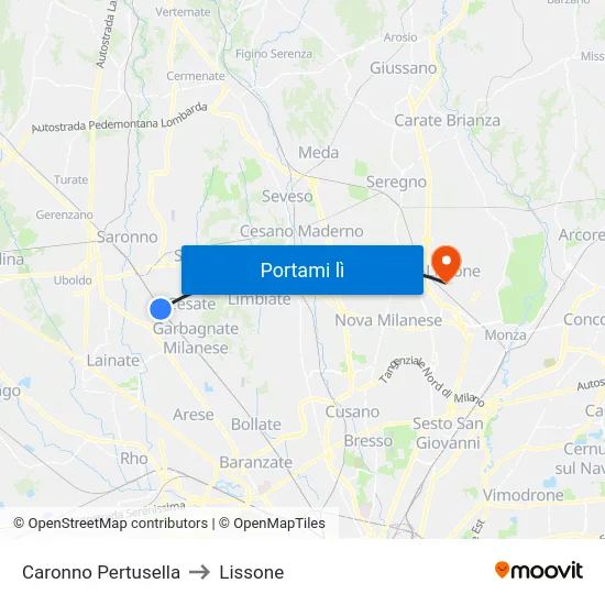 Caronno Pertusella to Lissone map