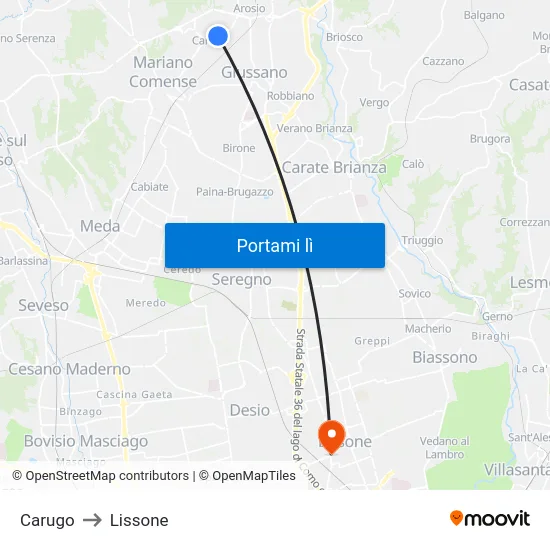 Carugo to Lissone map