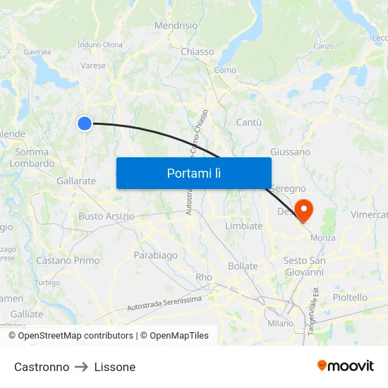 Castronno to Lissone map