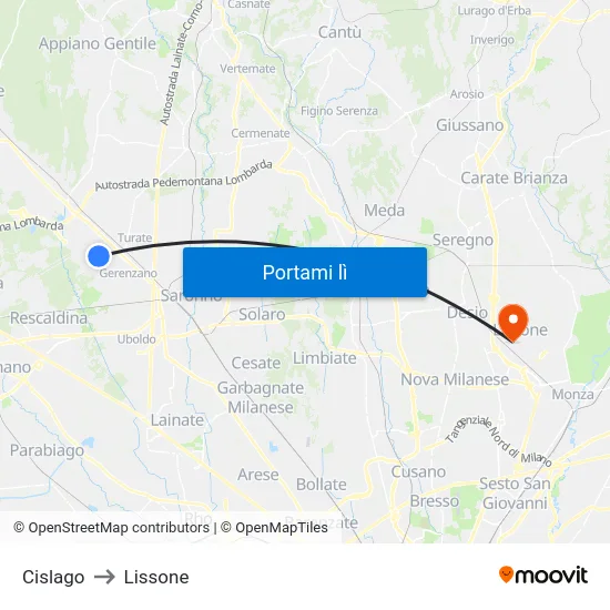 Cislago to Lissone map