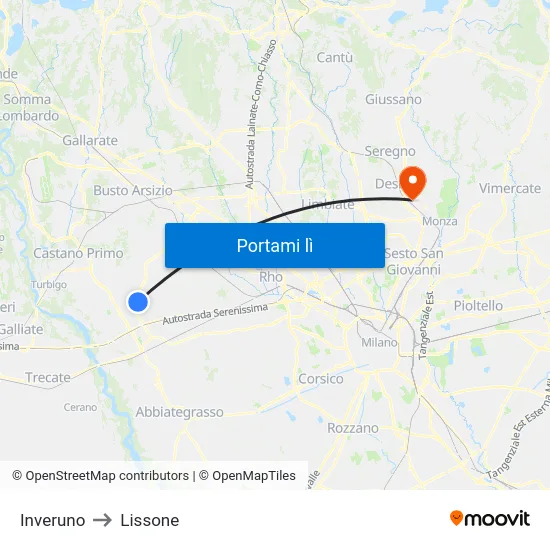 Inveruno to Lissone map