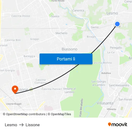 Lesmo to Lissone map