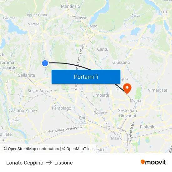 Lonate Ceppino to Lissone map