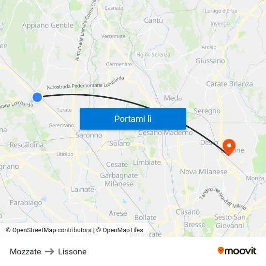 Mozzate to Lissone map