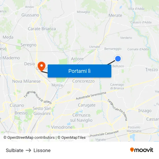 Sulbiate to Lissone map