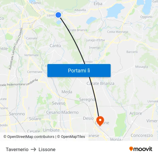 Tavernerio to Lissone map
