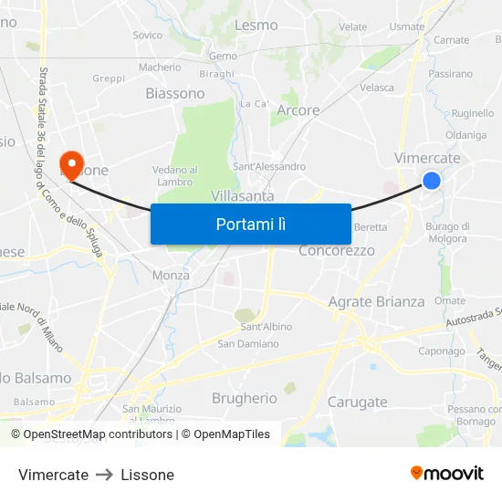 Vimercate to Lissone map