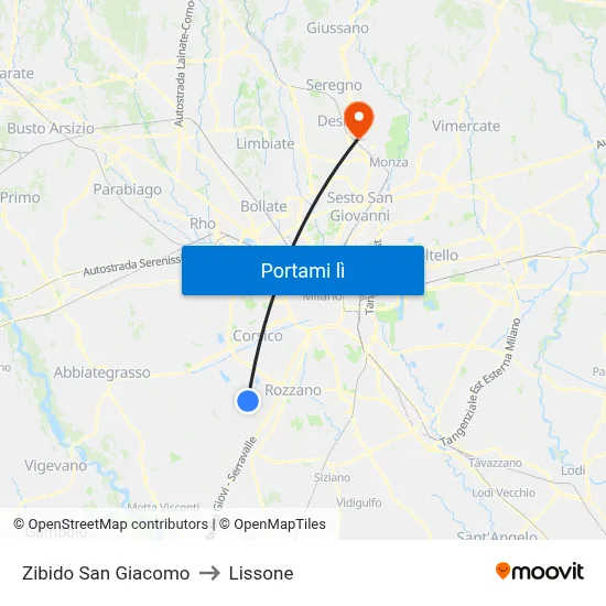 Zibido San Giacomo to Lissone map