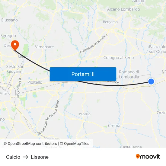 Calcio to Lissone map