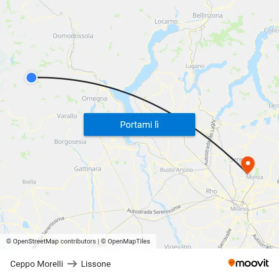 Ceppo Morelli to Lissone map