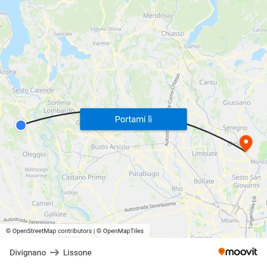 Divignano to Lissone map