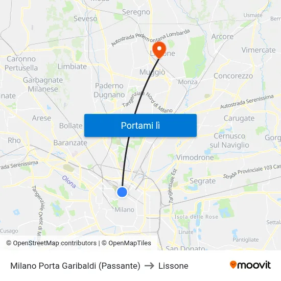 Milano Porta Garibaldi (Passante) to Lissone map