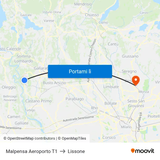 Malpensa Aeroporto T1 to Lissone map