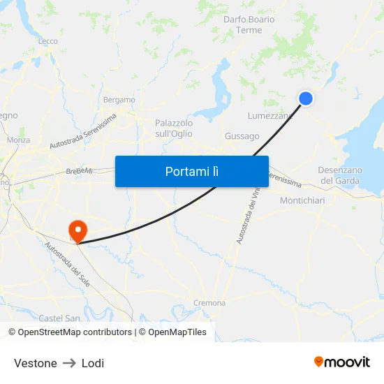 Vestone to Lodi map