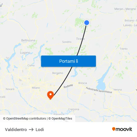 Valdidentro to Lodi map