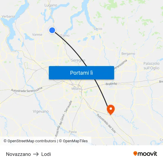 Novazzano to Lodi map